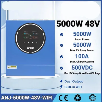 Produktbild von Hybrid-Wechselrichter für Solarenergie – 5 kW Leistung – Integriertes WLAN und MPPT-Ladegerät – Dualer Ausgang