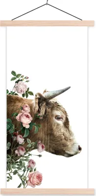 Produktbild von MuchoWow® Textilposter Schottisches Hochlandrind - Kuh - Blumen 60x120 cm mit holzfarbenen Rahmen - Holz