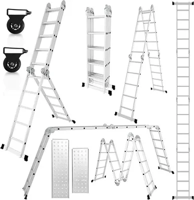 Imagen del producto de Escalera multiuso de aluminio 4x5, 582 cm de altura, con plataforma, ruedas y capacidad de carga de 150 kg