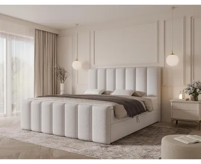 Produktbild von 200 cm Boxspringbett PORTO MAX mit gestepptem Kopfteil und Fußteil, Taschenfederkernmatratze H3/H4, 2 Bettkästen, Bouclé/Velvet, ohne Topper