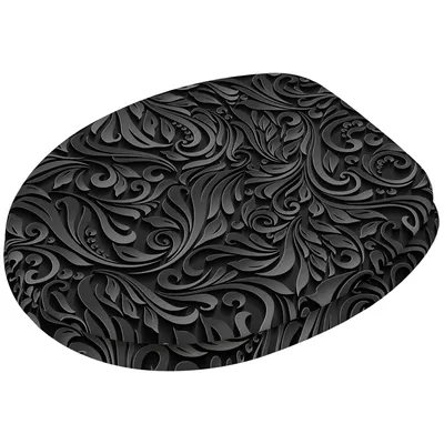 A black toilet seat with an ornate floral pattern.