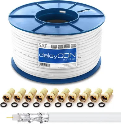 Produktbild von deleyCON HQ+ 100m Sat Koaxial Kabel 135dB - 5-Fach geschirmt für DVB-S - S2 DVB-T und DVB-C - 4K 1080p Full HD HDTV - inkl. 10x vergoldete F-Stecker