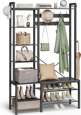 Produktbild von VASAGLE Garderobenständer mit Schuhbank, 5 Regalebenen, 9 Dreifach-Haken, 6 seitliche Haken, 40x120x190 cm, Steingrau-Tintenschwarz