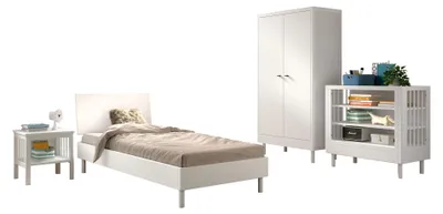 Produktbild von Einzelbett Set 90x200 Keeley Buche Weiß Massivholz Regal Komfort