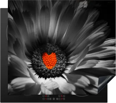 Produktbild von KitchenYeah© Herdabdeckplatte Schwarz-Weiß-Foto einer Ringelblume mit einem roten Herz , 58x51cm, Küche Deko, Glaskeramikkochfeld Herdabdeckung, Abdeckplatte fùr Kochfeld