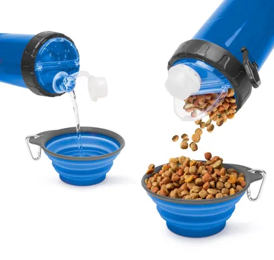 Immagine prodotto di Ciotola pieghevole per cani con bottiglia d'acqua – Borraccia da viaggio per cani – 350 ml – Blu [60034C]