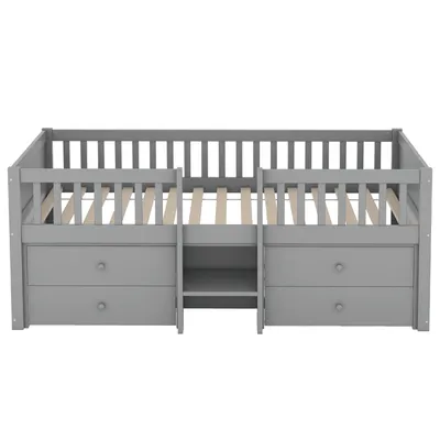 Produktbild von Kinderbett mit Schubladen und Lattenrost, 90x200 cm, Rausfallschutz, Holzbett, Jugendbett, Einzelbett, Kiefer