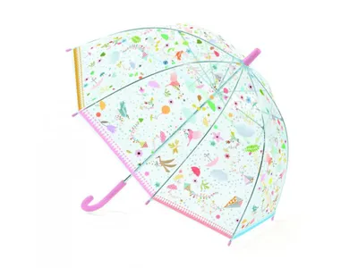 A transparent children's umbrella with a colorful pattern of animals and flowers, set against a white background.
