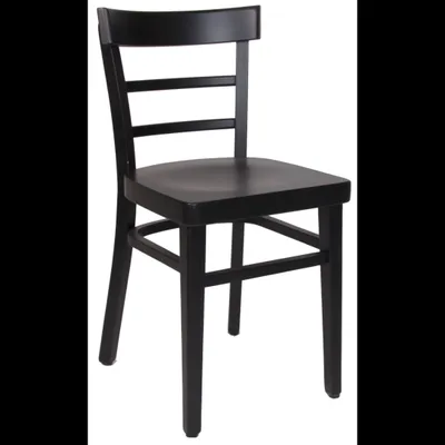 A black wooden chair is shown against a white background.