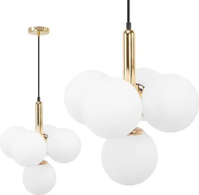 A product shot of a pendant light with multiple white globes and gold accents.