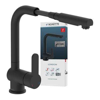Produktbild von Schütte Küchenarmatur LONDON, Schwarz matt, ausziehbar, Niederdruck, Keramikdichtung, Metallanschlüsse, Neoperl Dripless-Strahlregler, geräuscharme Qualitätskartusche, 55x300x240mm, Auslaufhöhe 27cm, Brauseschlauch 150cm, Anschlussschläuche 400mm
