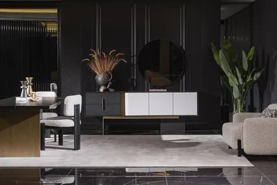 Produktbild von Elegantes Weißes 2-teiliges Esszimmer Set mit Sideboard und Spiegel