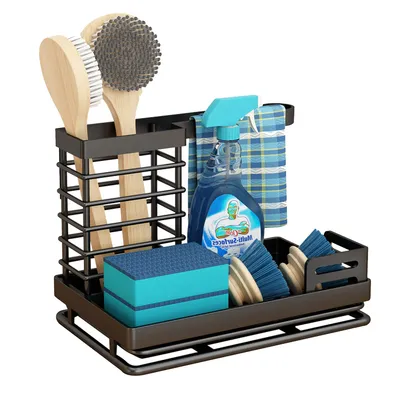 Produktbild von Spülbecken-Caddy, Küchenspüle-Organizer, Schwammhalter, Küchenspüle-Zubehör, Bürstenhalter mit abnehmbarer Ablaufschale für Schwamm(Schwarz)