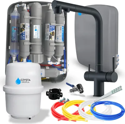 Image de Robinet de cuisine avec filtre à eau Ari Venom 2, mitigeur 3 voies avec douchette extractible, bec pivotant, noir mat