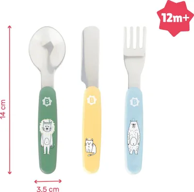 Produktbild von Kinderbesteck 3-teilig Set von Badabulle für 12 Monate, Löffel, Messer, Gabel