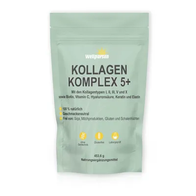 Produktbild von Kollagen-Komplex 5+ Multi-Kollagen Pulver mit Typ I, II, III, V & X, Elastin, Hyluronsäute, Keratin, Biotin