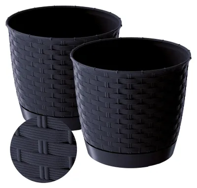 Produktbild von Blumentopf mit Untersetzer, 2er Set, Kunststoff-Übertopf in runder Rattan-Optik (Anthrazit, ø 22 cm)