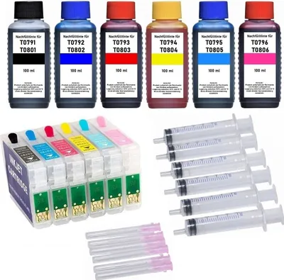 Image de Cartouches d'encre rechargeables compatibles avec Epson T0801, T0802, T0803, T0804, T0805, T0806 - 6 cartouches avec puces de réinitialisation automatique + 600 ml d'encre de recharge noire, cyan, magenta, jaune, light-cyan, light-magenta