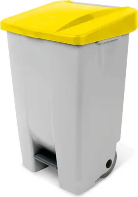 Produktbild von Tretabfalleimer mit Rollen, Inhalt 80 Liter, HxBxT 740 x 490 x 420 mm, Korpus grau, Deckel gelb
