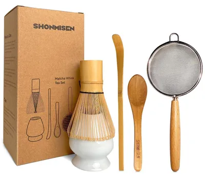 Image de Ensemble de matcha en 5 pièces, comprenant un fouet, un support, une cuillère, une louche et un tamis, en bambou et en céramique, de couleur blanche