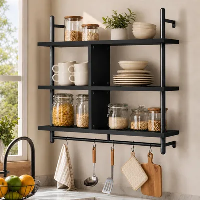 Produktbild von Wandregal 3 Ebenen mit Haken 105x24x94 cm Holz Metall Industrial Schwarz