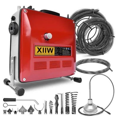 A red and gray pipe cleaning machine with various attachments and coiled pipes is displayed against a white background.