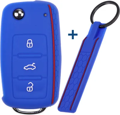 Produktbild von Auto Schlüssel Silikon Schutz Hülle + Schlüsselband im Wabe Design Blau kompatibel mit VW SEAT Skoda Golf 6 Octavia UP Leon 3 Tasten Klappschlüssel
