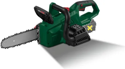 A cordless chainsaw is shown against a white background with a shadow.