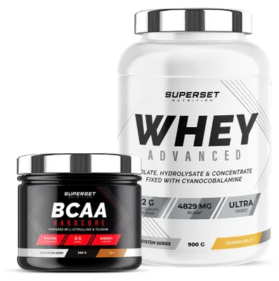 Produktbild von Programm Muskelaufbau - 100% Whey Protein Advanced 900g Banana Split - BCAA Hardcore Cola