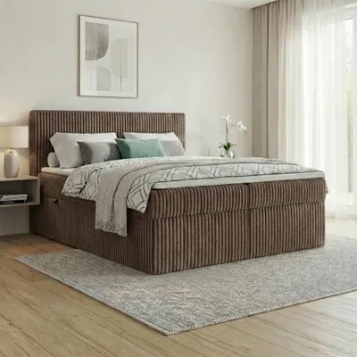 Produktbild von Boxspringbett RALF  200 x 200 cm mit Bettkasten, Topper und gepolstertem Kopfteil. Farbe:  Braun, Härtegraden:  H4 , Topper: T25-Topper