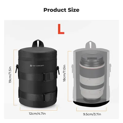 Obrázok produktu pre Puzdro na objektív fotoaparátu – veľkosť L – z nepremokavého polyesteru – na zips – polstrované – pre objektívy DSLR s ohniskovou vzdialenosťou 1–22 cm – s nafukovacím vreckom