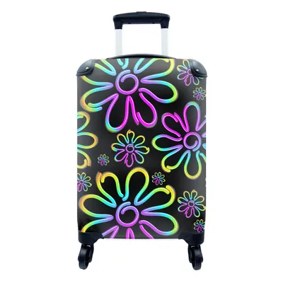 Produktbild von MuchoWow® Koffer Handgepäck Trolley Rollkoffer Kleine Reisekoffer mit 4 Rollen - Blumen - Neon - Muster - Psychedelisch - Cabin Size < 55x40x23 cm & 55x40x20 cm - Fotokoffer - Kabinenkoffer - Boardgepäck - Reise-Box - Reisekoffer - Reisegepäck - Koffer mit Bild - Trolley für Kinder
