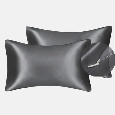 Immagine prodotto di Set di 2 federe per cuscini in raso, colore grigio, 50x75 cm, con cerniera