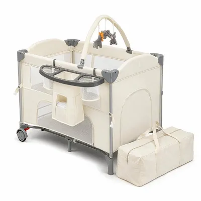 Produktbild von FCH 5‑in‑1 Baby Reisebett klappbar, multifunktionales Babybett als Beistellbett, Laufstall, Wickeltisch & Reisebett, mit Moskitonetz,Beige
