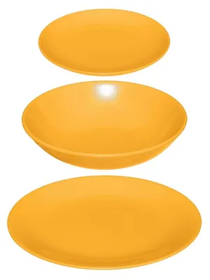 Three yellow plates and bowls stacked on a white background.