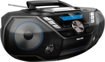 A black Philips Bluetooth stereo CD sound machine with a silver dial and blue accents on the speakers and display.