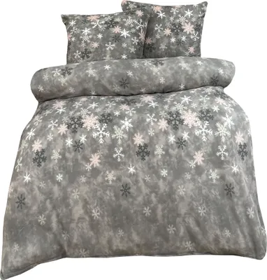 Produktbild von Fleece Bettwäsche Set 200x200 cm Deckenbezug, 80x80 cm Kissenbezug, Grau Rosa, Schneeflocken, mit Reißverschluss3 tlg Bettwäsche Thermofleece 200x200 cm + 80x80 cm Flausch Winter grau Kristall mit Reißverschluss