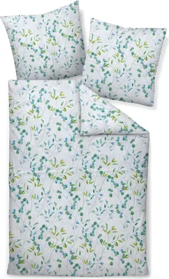 A bedding set with a floral pattern, including a duvet cover and two pillowcases, laid out flat.