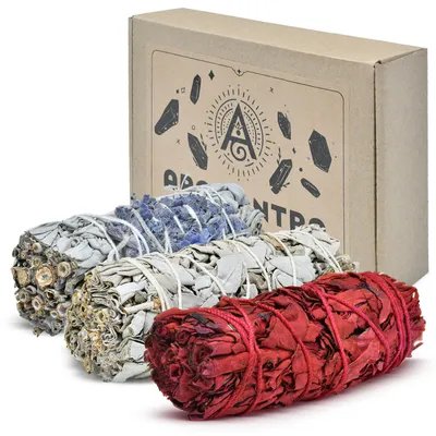 Produktbild von Aromantra - Weiße Salbei Räucherset 3x25g - Drachenblut & Lavendel - Reinigung & Meditation - Geschenkbox - Kalifornien