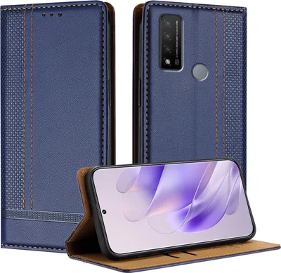 A blue flip case for a smartphone is shown, with the phone inside and its screen displaying a colorful wallpaper. The case is open, revealing the phone and the interior of the case.