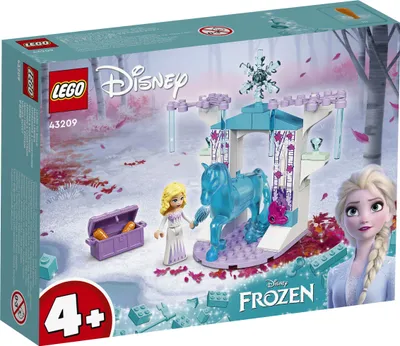 The image shows the packaging of a LEGO Disney Frozen Elsa and Nokk's Ice Stable building set.