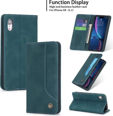 Produktbild von iPhone XR Hülle, LaimTop Retro Kunstledertasche Schutzhülle mit Kartenfach Standfunktion für iPhone XR Blau