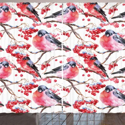 Produktbild von ARANDE Natur Gardine, Gimpel-Vögel auf Niederlassungen Blaubeeren-drastischer Frühlings-Aquarell-Entwurf, 280 x 175 cm, Grau Grau Rot