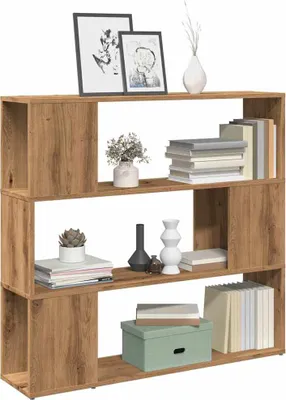 A three-tier wooden bookshelf filled with books and decorative items.