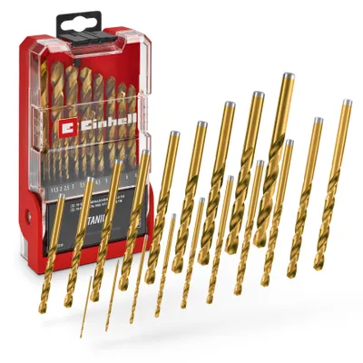 Produktbild von Original Einhell 19-tlg. HSS-G Titan Metallbohrer-Set (im Ganzen geschliffener HSS 4341 Stahl, titanbeschichtet, 135°-Split-Point-Spitze, gefräste Typ N Spirale, Rundschaft)