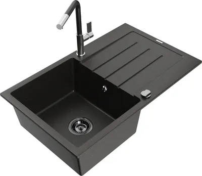 Produktbild von Mexen Bruno 1 Becken-Granitspüle mit Abtropffläche und Mischbatterie Flora, Schwarz/Gold metallisch - 6513-75-670401-07-B