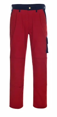 A pair of red and navy work pants shown front-on against a white background.