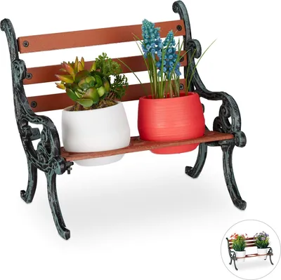 Produktbild von Relaxdays Mini Blumenbank, Gusseisen & Holz, Blumenständer für 2 Blumentöpfe, Ø 7,5 cm, Garten Deko, braun/grau-grün