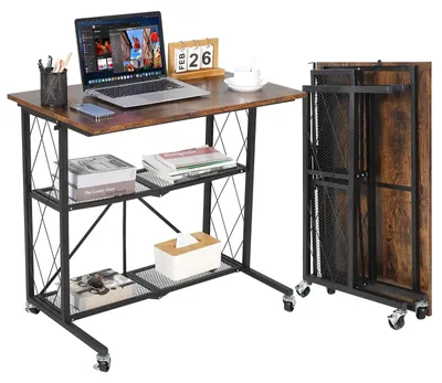 Image de Bureau pliable sur roulettes - Bureau d'ordinateur avec étagère - Rangement à 3 niveaux - Structure en métal - Plateau en bois - Marron