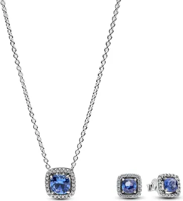 Pandora 68616 Damen-Schmuckset Kette + Ohrstecker Funkelndes Quadrat Blau 1
